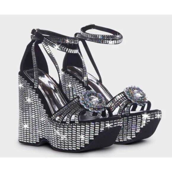 BNIB~AZALEA WANG Rosalia Black & Silver Platform Sparkle Wedge Heel Sandals Sz 1 - Picture 9 of 11